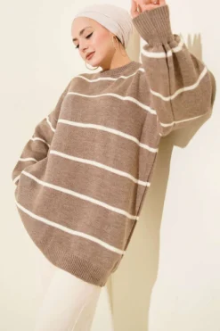 Horizontal Striped Balloon Sleeve Knit Tunic Mink