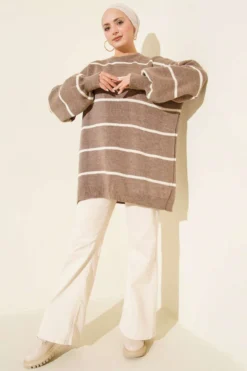 Vista alternativa di Horizontal Striped Balloon Sleeve Knit Tunic Mink