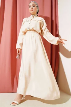 Two-Piece Set with Horizontal Pleat Detail Beige بالجملة clothing set - Hicabistan مصنع تركيا