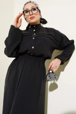 Two-Piece Set with Horizontal Pleat Detail Black بالجملة clothing set view 2 - Hicabistan مصنع تركيا