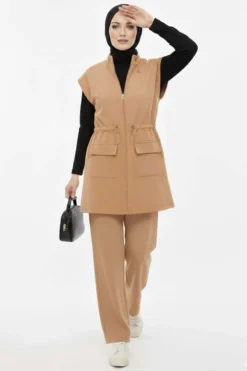 Vest with Elastic Waist Detail Two-Piece Set Camel