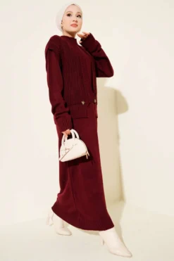Knitted Two-Piece Dress with Vest Burgundy