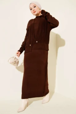 Knitted Two-Piece Dress with Vest Brown