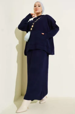 Vest Dress with Vest Knit Two-Piece Set Navy Blue
