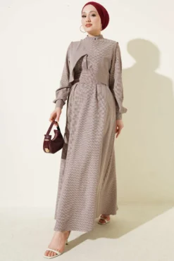 Dress with Vest and Gingham Pattern Navy Blue en gros dress - Hicabistan usine Turquie
