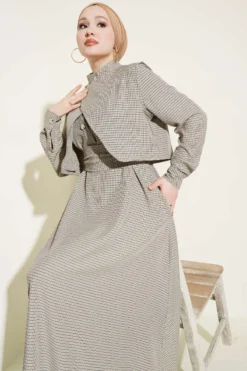 Dress with Vest and Gingham Pattern Black en gros dress view 2 - Hicabistan usine Turquie