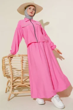 Studded Pocket Flap Skirted Two-Piece Set Pink
