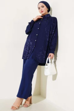 Zebra Pattern Jacquard Tunic Set Navy Blue wholesale clothing set - Hicabistan Turkey factory