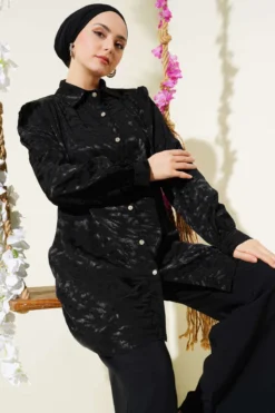 Zebra Pattern Jacquard Tunic Set Black Großhandel clothing set view 2 - Hicabistan Türkei Fabrik