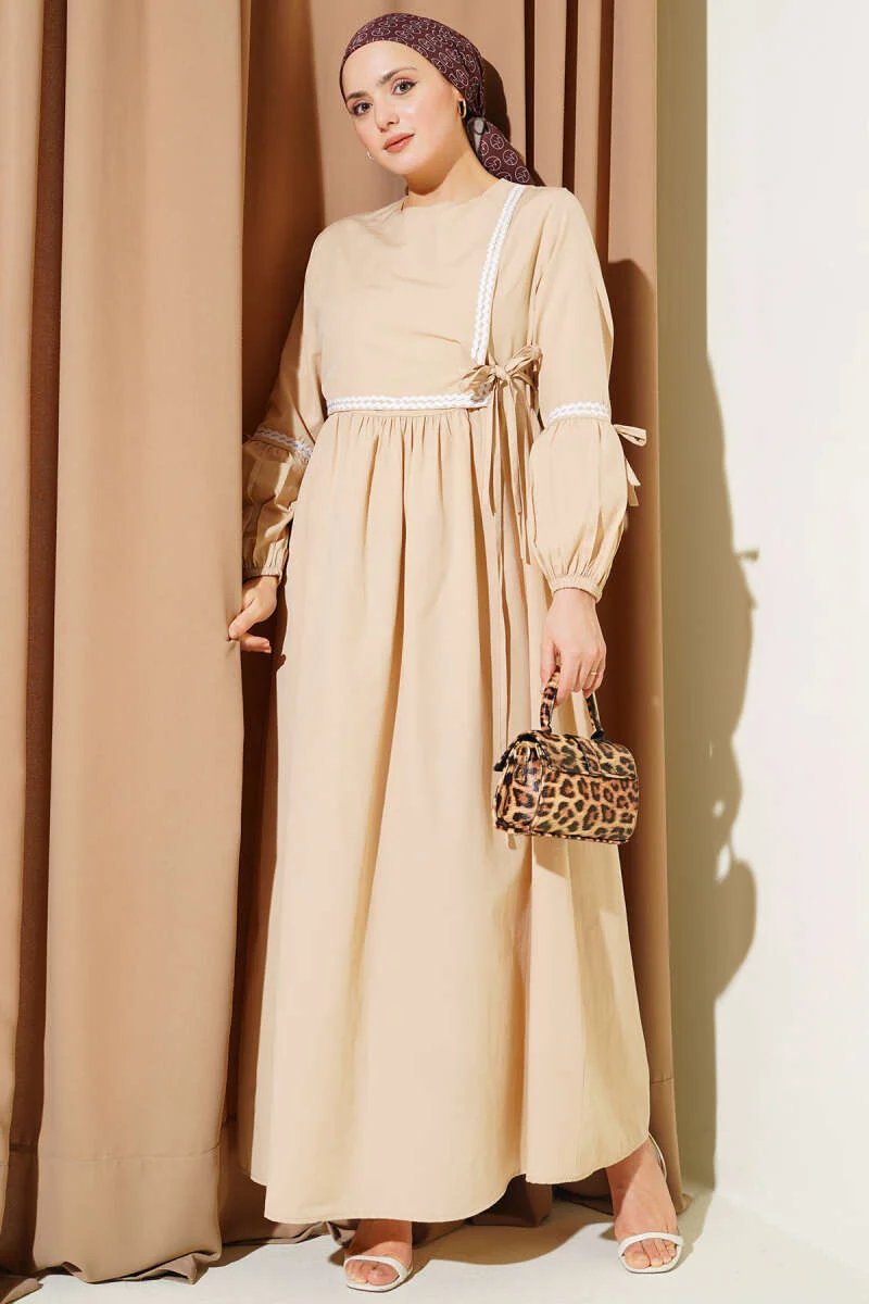Zigzag Embroidered Side Tie Poplin Dress Beige wholesale dress - Hicabistan Turkey factory