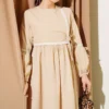 Zigzag Embroidered Side Tie Poplin Dress Beige wholesale dress view 2 - Hicabistan Turkey factory