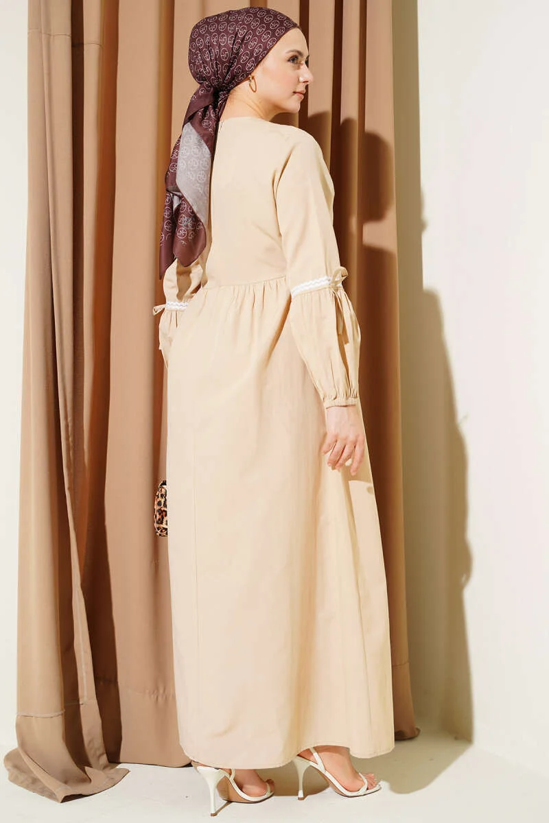 Zigzag Embroidered Side Tie Poplin Dress Beige wholesale dress view 3 - Hicabistan Turkey factory