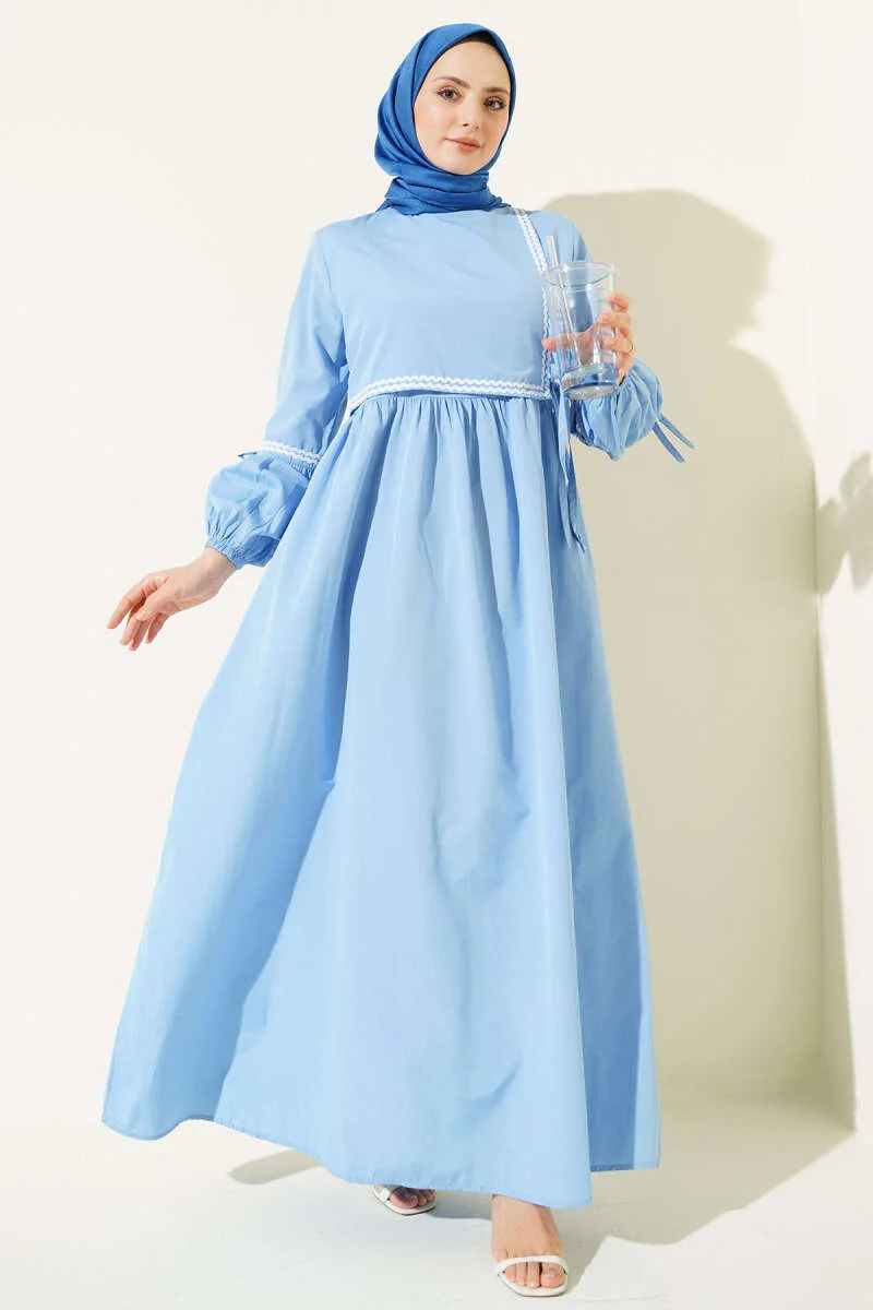 Zigzag Embroidered Side Tie Poplin Dress Großhandel dress - Hicabistan Türkei Fabrik