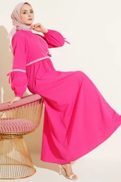 Zigzag Embroidered Side Tie Poplin Dress Fuchsia en gros dress - Hicabistan usine Turquie