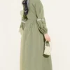 Zigzag Embroidered Side Tie Poplin Dress Khaki Großhandel dress view 3 - Hicabistan Türkei Fabrik
