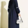 Zigzag Embroidered Side Tie Poplin Dress Navy Blue al por mayor dress view 3 - Hicabistan fábrica Turquía