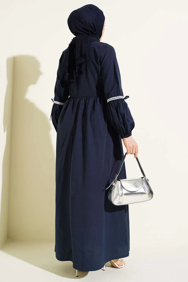 Zigzag Embroidered Side Tie Poplin Dress Navy Blue al por mayor dress view 3 - Hicabistan fábrica Turquía