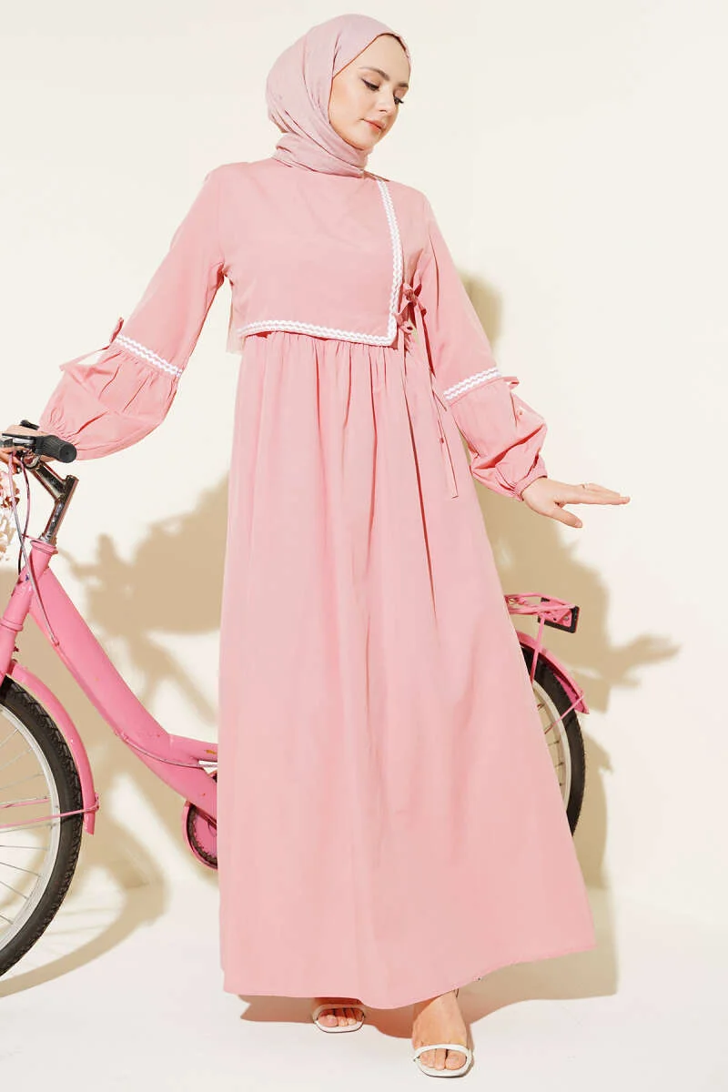 Zigzag Embroidered Side Tie Poplin Dress Powder Pink بالجملة dress - Hicabistan مصنع تركيا