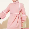 Zigzag Embroidered Side Tie Poplin Dress Powder Pink بالجملة dress view 2 - Hicabistan مصنع تركيا