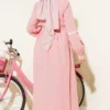 Zigzag Embroidered Side Tie Poplin Dress Powder Pink بالجملة dress view 3 - Hicabistan مصنع تركيا