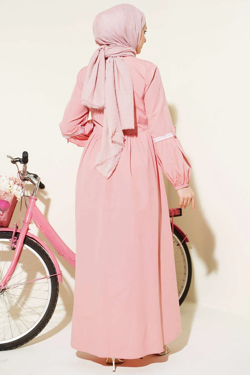 Zigzag Embroidered Side Tie Poplin Dress Powder Pink بالجملة dress view 3 - Hicabistan مصنع تركيا