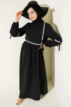 Zigzag Embroidered Side Tie Poplin Dress Black en gros dress - Hicabistan usine Turquie
