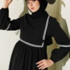 Zigzag Embroidered Side Tie Poplin Dress Black Großhandel dress view 2 - Hicabistan Türkei Fabrik