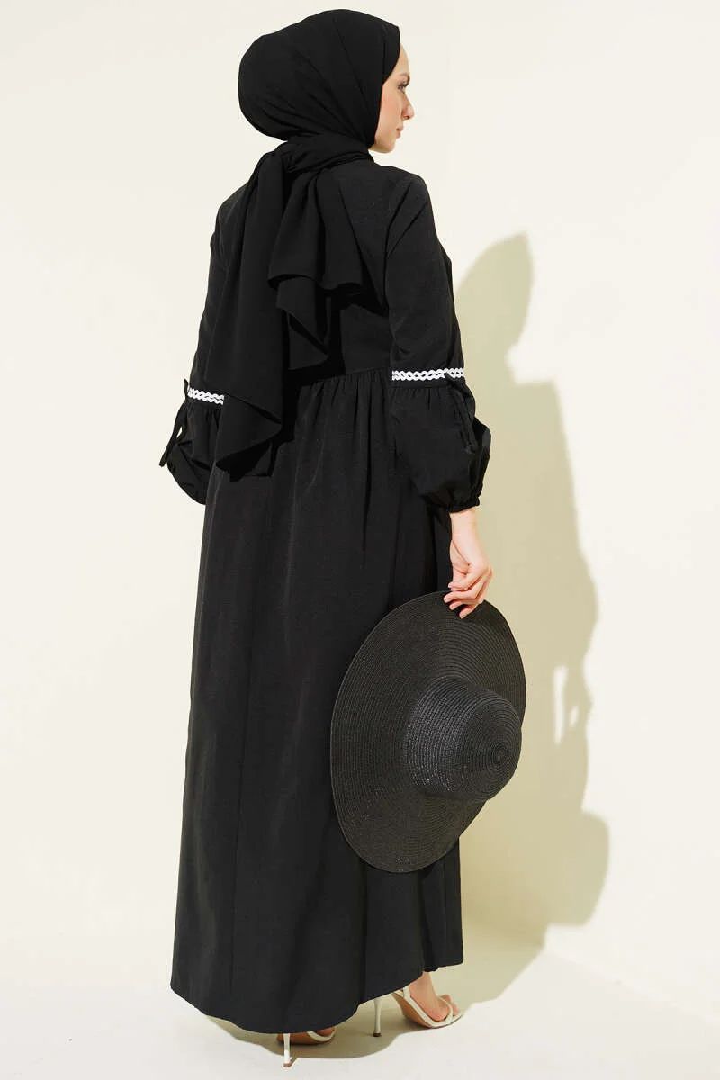 Zigzag Embroidered Side Tie Poplin Dress Black Großhandel dress view 3 - Hicabistan Türkei Fabrik