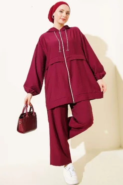 Chain Rope Detail Zippered Two-Piece Set Burgundy wholesale clothing set view 2 - Hicabistan Turkey factory