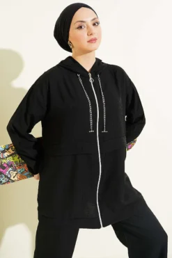 Chain Rope Detail Zippered Two-Piece Set Black wholesale clothing set view 2 - Hicabistan Turkey factory