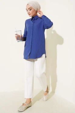 Basic Shirt Indigo all'ingrosso shirt view 2 - Hicabistan fabbrica Turchia