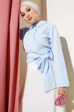 Cross Button Tied Short Shirt Blue