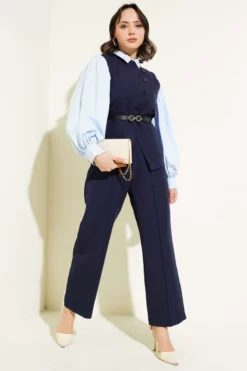 Cross Button Belted Vest Set Navy Blue