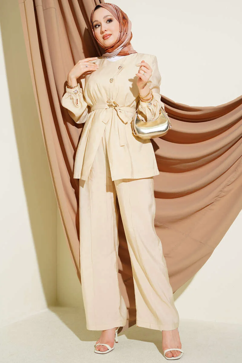 Cross Buttoned Belted Modal Two-Piece Set Beige en gros clothing set - Hicabistan usine Turquie