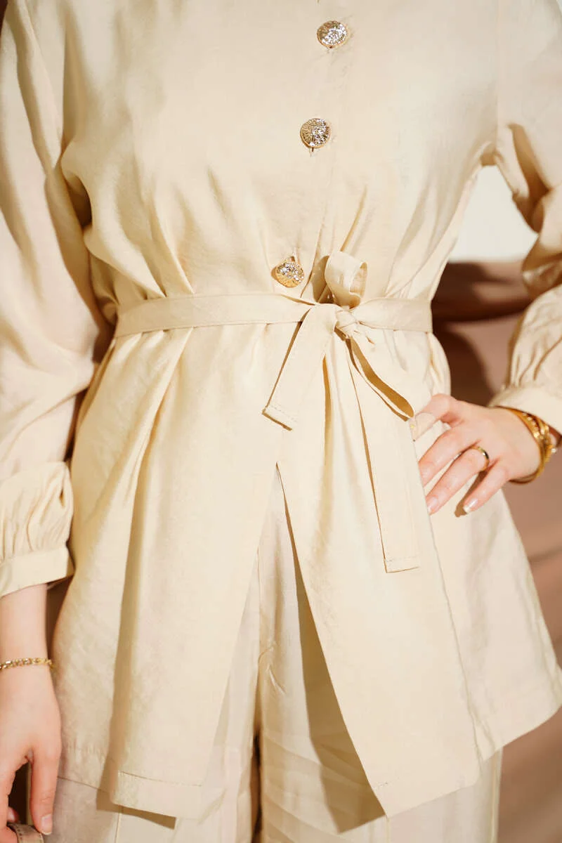 Cross Buttoned Belted Modal Two-Piece Set Beige en gros clothing set view 4 - Hicabistan usine Turquie