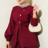Cross Buttoned Belted Modal Two-Piece Set Burgundy بالجملة clothing set view 2 - Hicabistan مصنع تركيا
