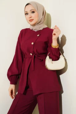 Cross Buttoned Belted Modal Two-Piece Set Burgundy wholesale clothing set view 2 - Hicabistan Turkey factory