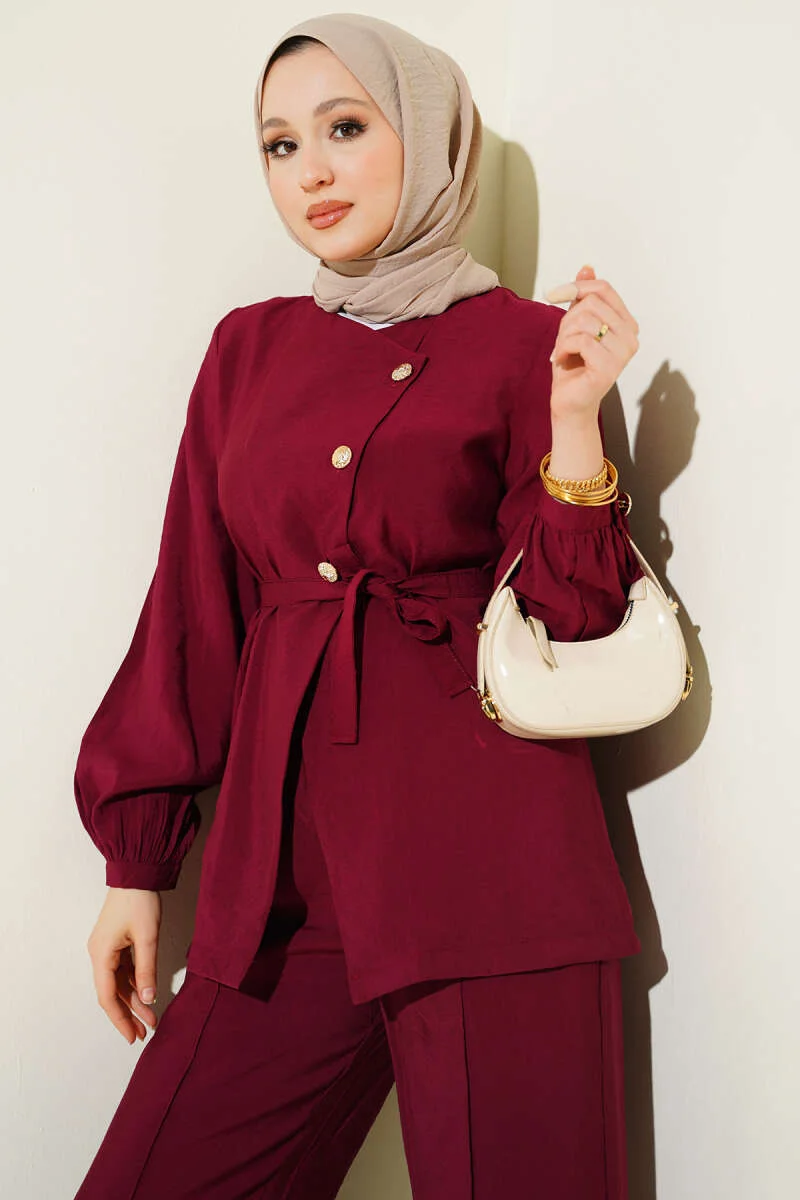 Cross Buttoned Belted Modal Two-Piece Set Burgundy بالجملة clothing set view 2 - Hicabistan مصنع تركيا