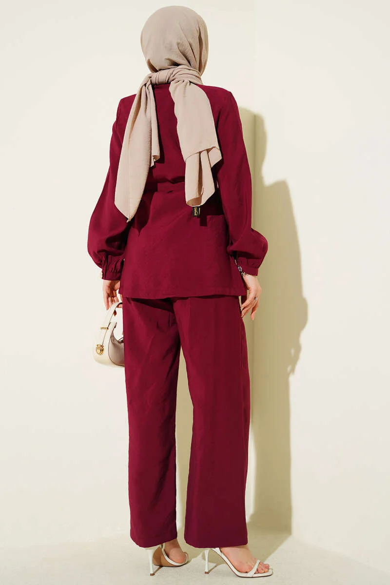 Cross Buttoned Belted Modal Two-Piece Set Burgundy بالجملة clothing set view 3 - Hicabistan مصنع تركيا