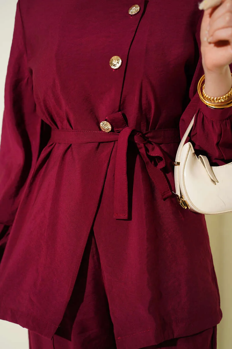 Cross Buttoned Belted Modal Two-Piece Set Burgundy بالجملة clothing set view 4 - Hicabistan مصنع تركيا