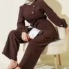 Cross Buttoned Belted Modal Two-Piece Set Brown