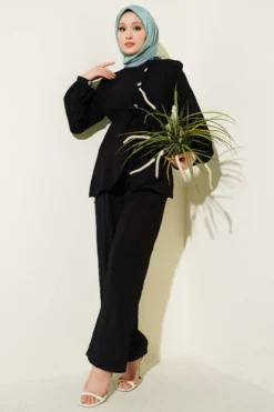 Cross Buttoned Belted Modal Two-Piece Set Black wholesale clothing set view 2 - Hicabistan Turkey factory