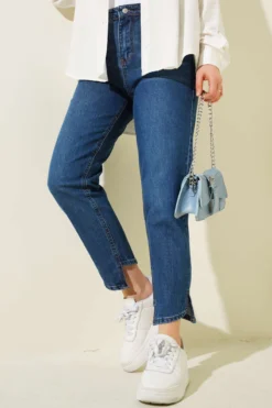 Crossed Leg Mom Jeans Pants Dark Blue