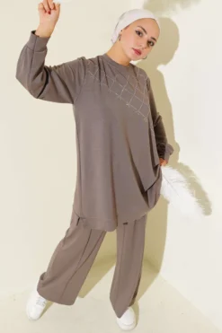 Cross Stone Embellished Two-Piece Set Mink