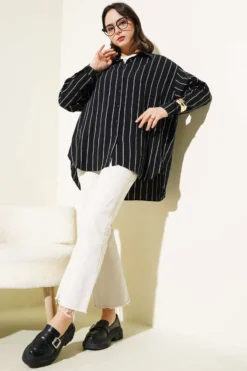 Alternative view of Back Double Pleated Striped Shirt Black