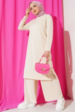 Embroidered Wide Leg Two-Piece Set Beige