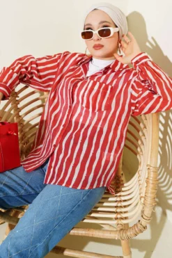 Asymmetric Vertical Striped Shirt Red