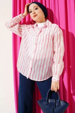 Asymmetric Vertical Striped Shirt Pink