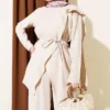 Asymmetrical Cut Brooched Tencel Two-Piece Set Beige - Image 2
