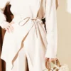 Asymmetrical Cut Brooched Tencel Two-Piece Set Beige - Image 4